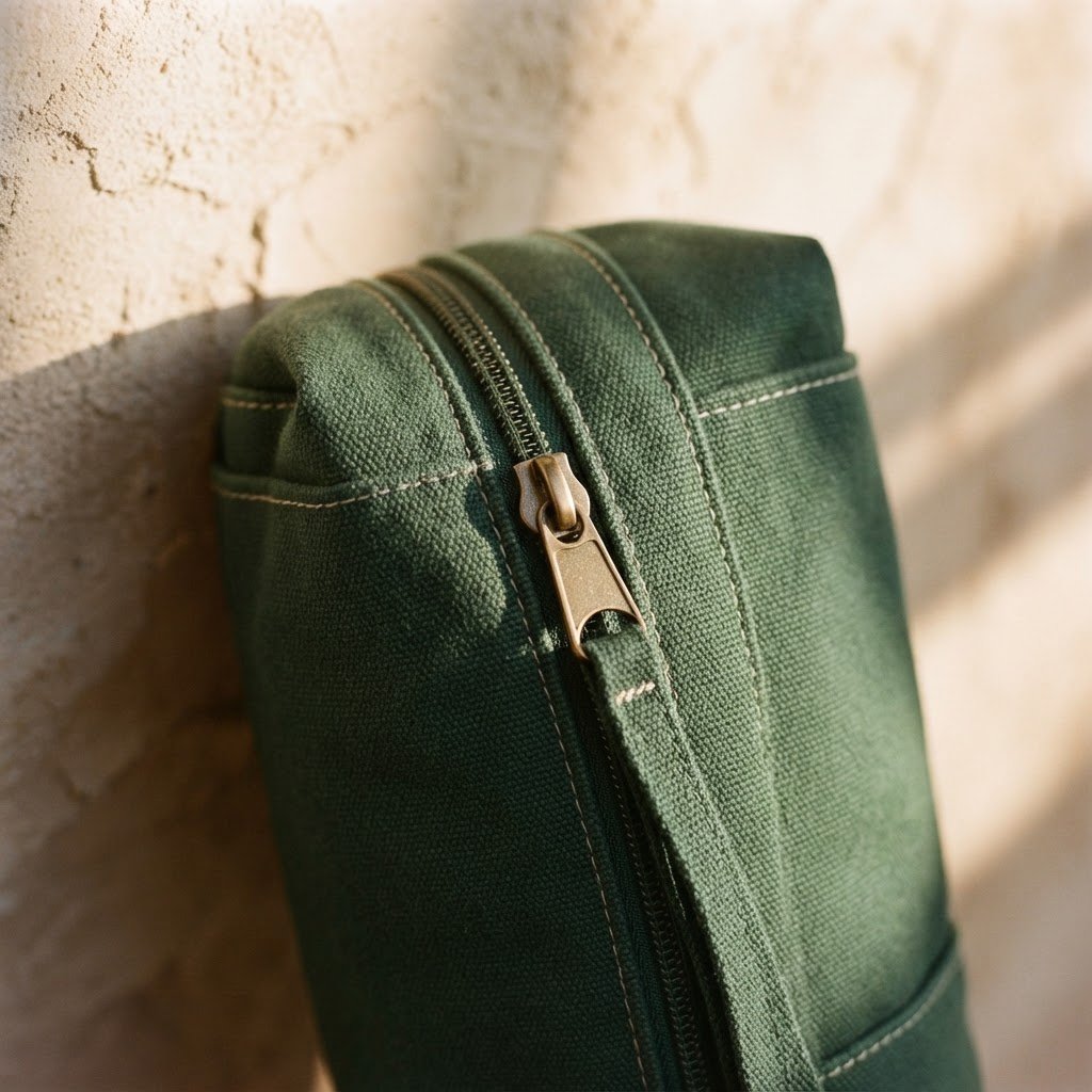 Close-up of a premium forest green canvas yoga mat bag, clean architectural shadows, elegant matte metal zipper detail, warm editorial daylight.