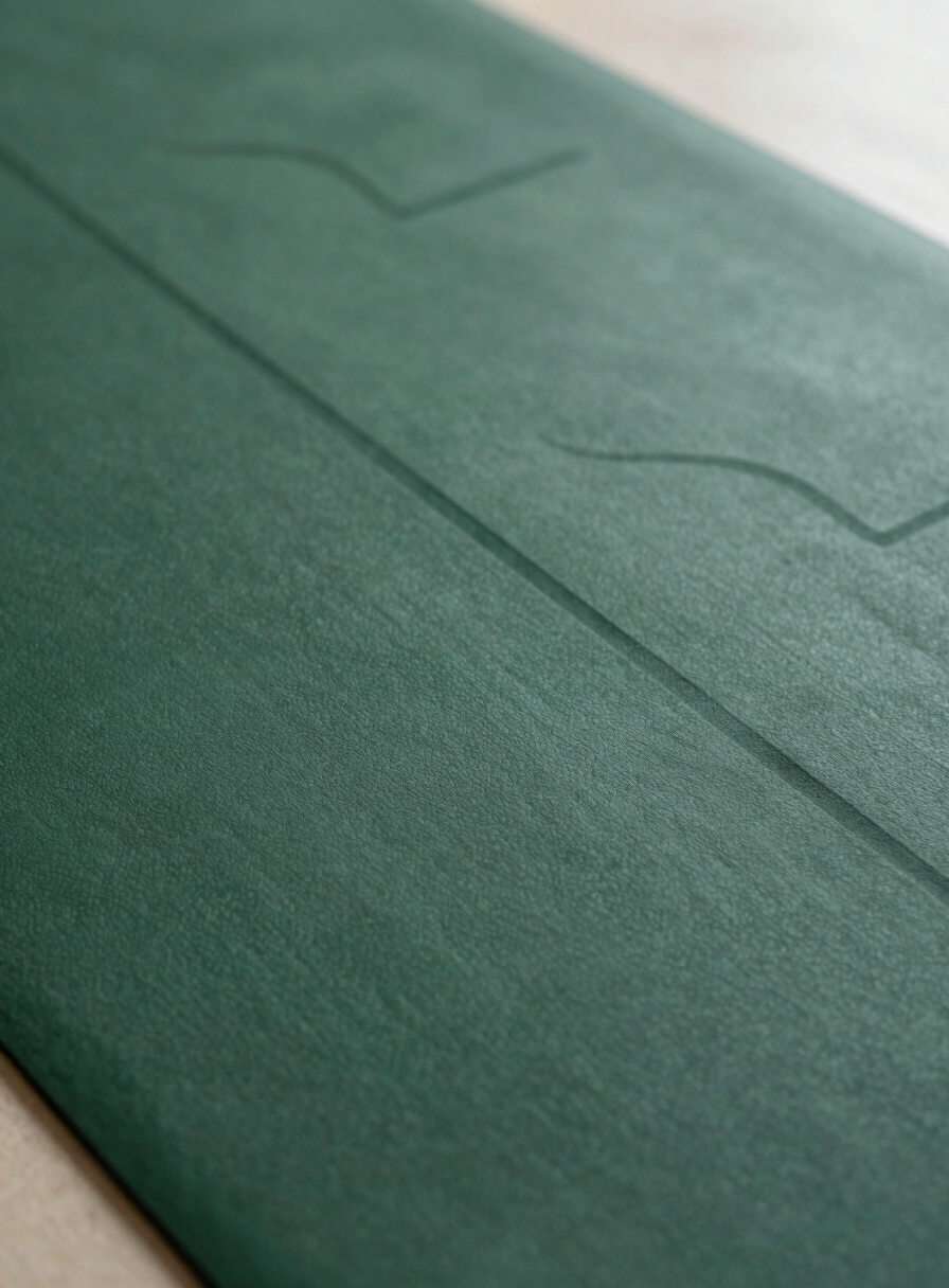Close-up of a dark forest green yoga mat surface, showing subtle laser-engraved alignment lines, matte texture, soft side lighting, premium quality