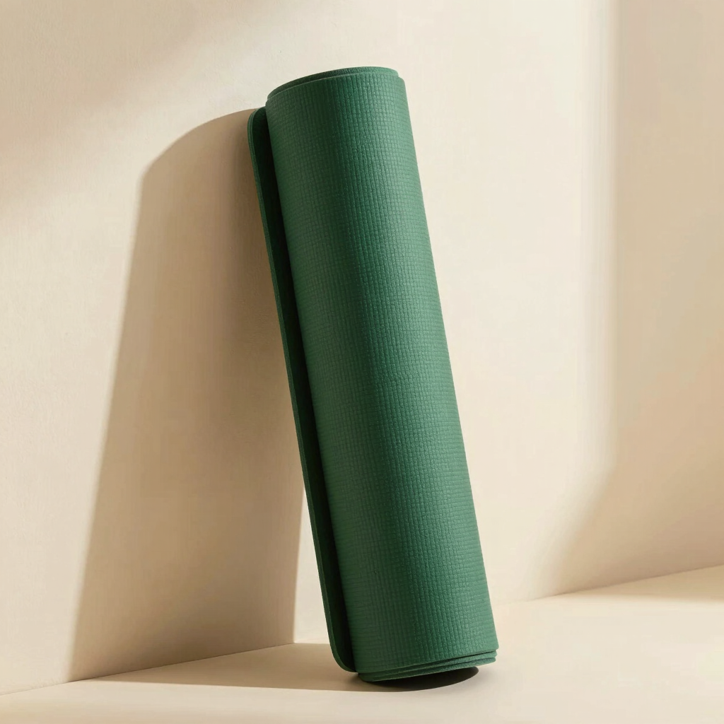 Warm editorial photography of a rolled forest green yoga mat inside a minimalist cotton sleeve, leaning against a clean warm ivory wall with soft architectural shadows.