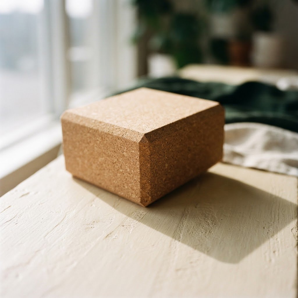 Macro photograph of a minimalist yoga block made of high-density natural cork, sharp beveled edges, soft side daylight casting long shadows on a warm ivory surface, architectural composition, 35mm