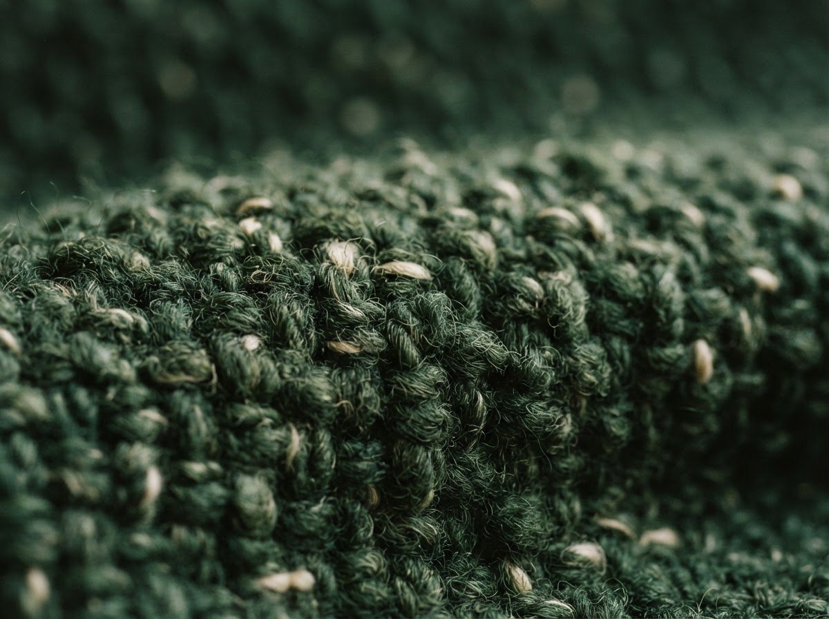 Macro photograph of thick 100% cotton weave in deep forest green, soft side daylight highlighting the heavy textile texture, clean architectural shadow, minimalist luxury.