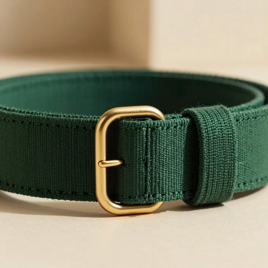Close-up of a matte gold metal D-ring buckle on a deep forest green cotton yoga belt, clean shadows, warm architectural background