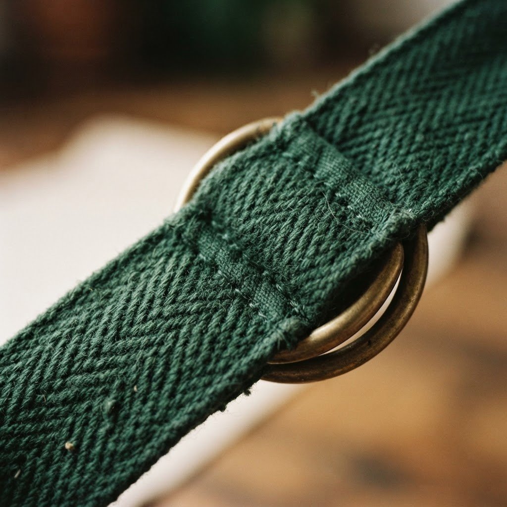 Macro photograph of thick 100% cotton woven yoga belt in deep forest green, matte brass double D-rings, soft side daylight, shallow depth of field